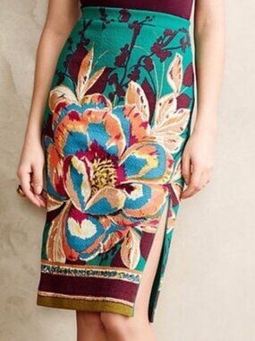 MAEVE by Anthropologie Green Floral Tapestry Pencil Skirt sz S